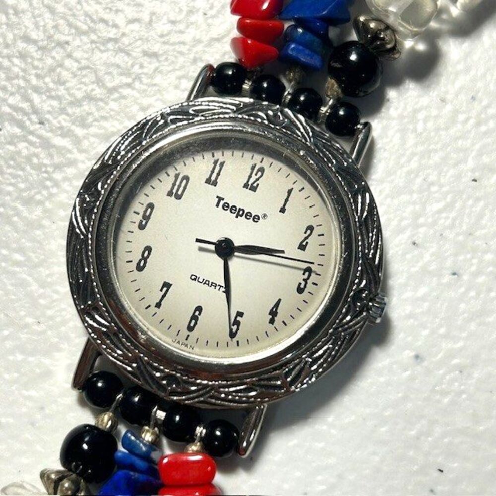 Southwest inspired Teepee women watch Silvertone eaded Band New Battery Colorful
